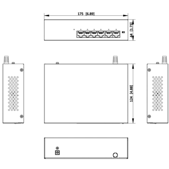 Rysunek techniczny switcha POE 4 port do kamer Hikvision DS-XS0106-P/Polish